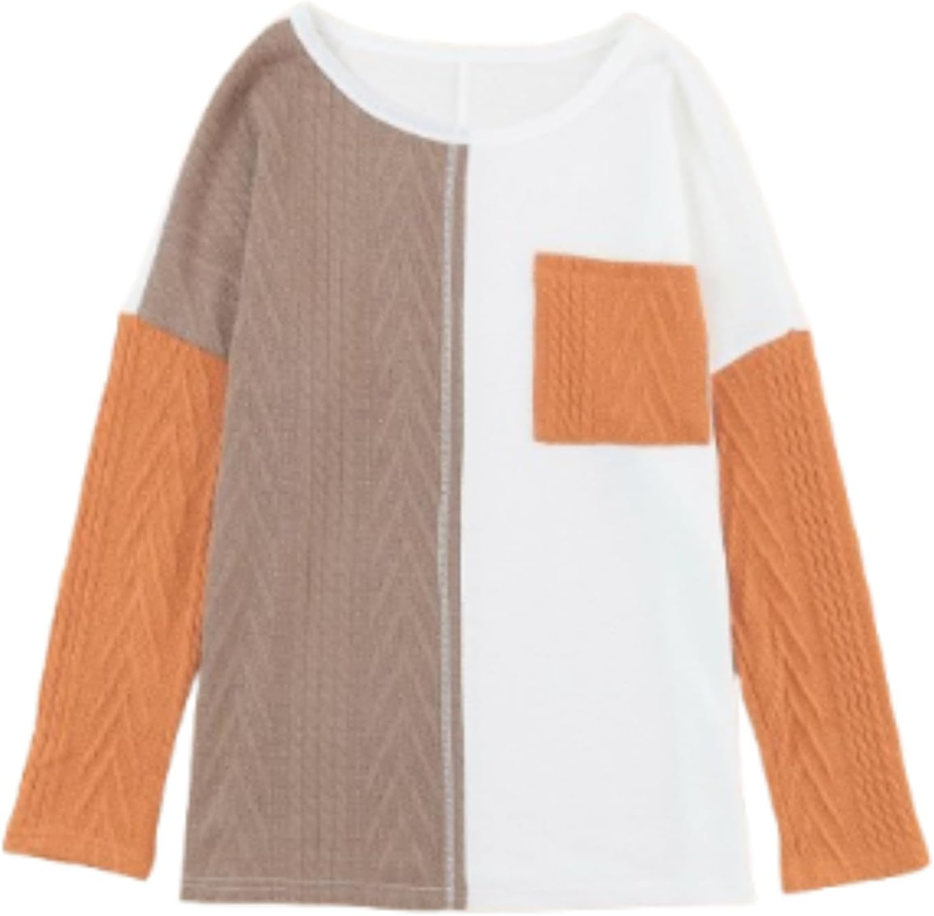 Orange Long Sleeve Colorblock Chest Pocket Textured Knit Top - Image 3
