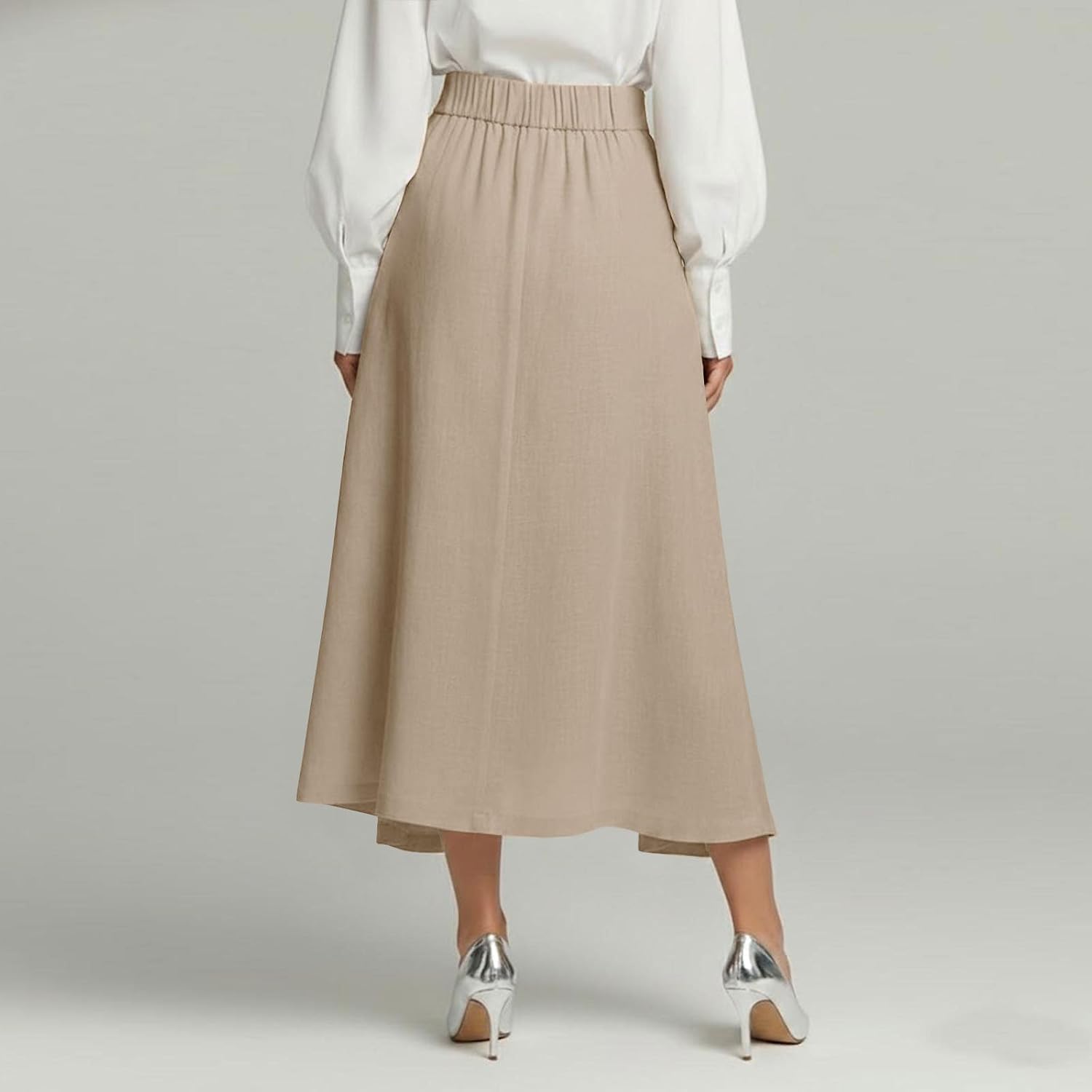 Linen Skirts for Women Summer Beach Casual A Line Elastic High Waisted Button Flowy Midi Long Skirt with Pockets