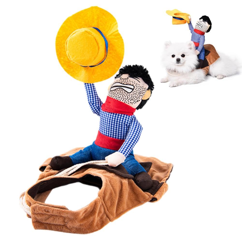 Cowboy Rider Dog Costume, Halloween Pet Costumes with Doll and Hat for Medium Dogs Corgi, Pug, Frenchie, Dachshund