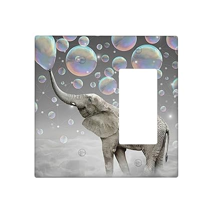 Grey Cute Elephant Combination Wall Plate 2 Gang 1 Blank 1 Rocker Decorative Light Switch Outlet Cover Kids Room Bedroom Wallplate Switchplate 4.5