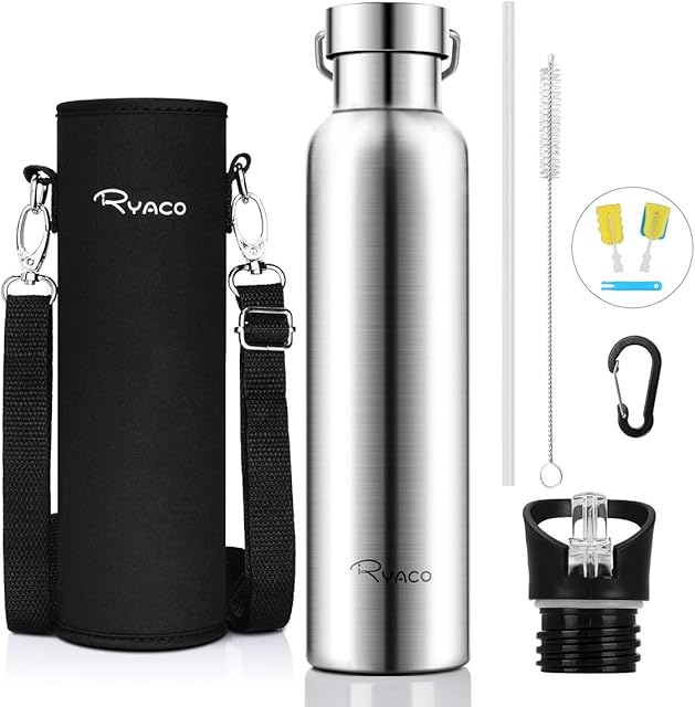 RYACO Stainless Steel Water Bottle, Vacuum Insulated Double Walled Drinking Bottle BPA-Free Leak Proof Flask, Stay Cold for 24Hrs & Hot for 12Hrs, with 2 Exchangeable Caps, Neoprene Sleeve