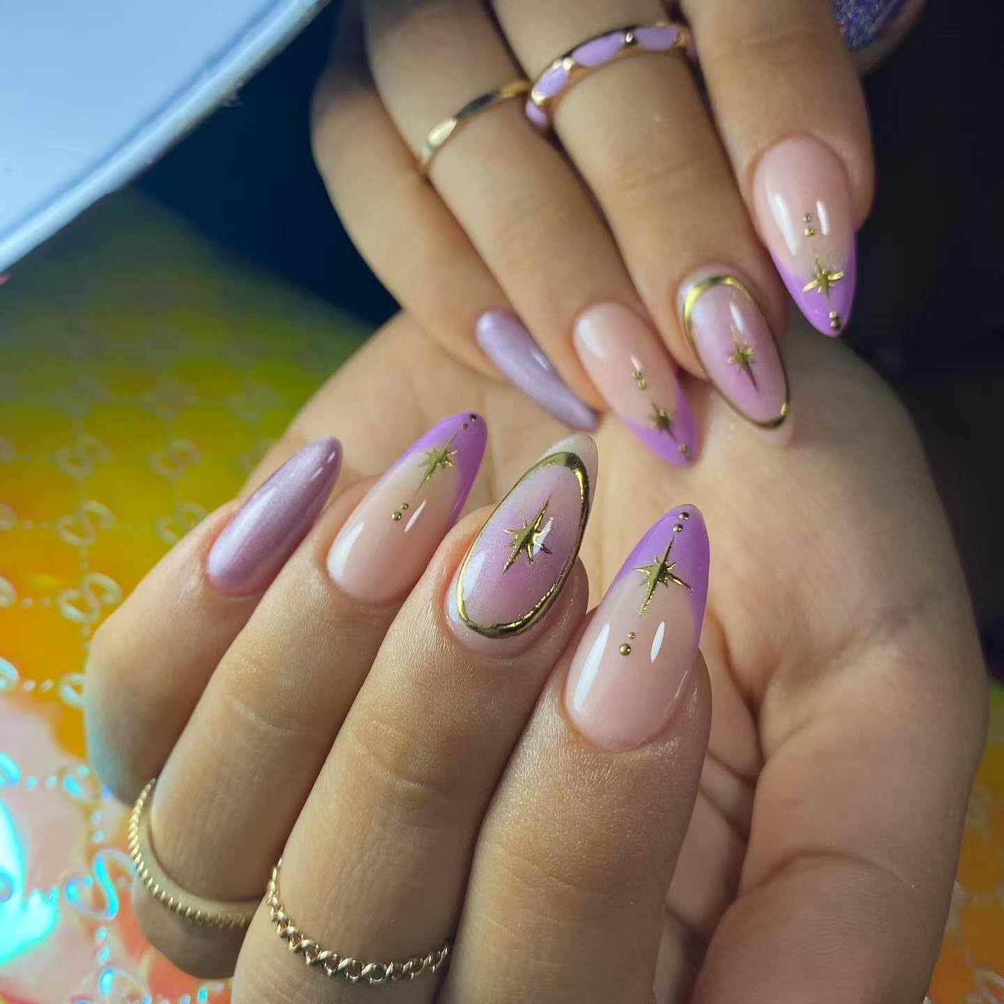 24pcs Almond Press On Nails Medium Fake Nails Gradient With Gold Star Design French Tip False Nails Purple Acrylic Nails Full Cover Artificial Glossy