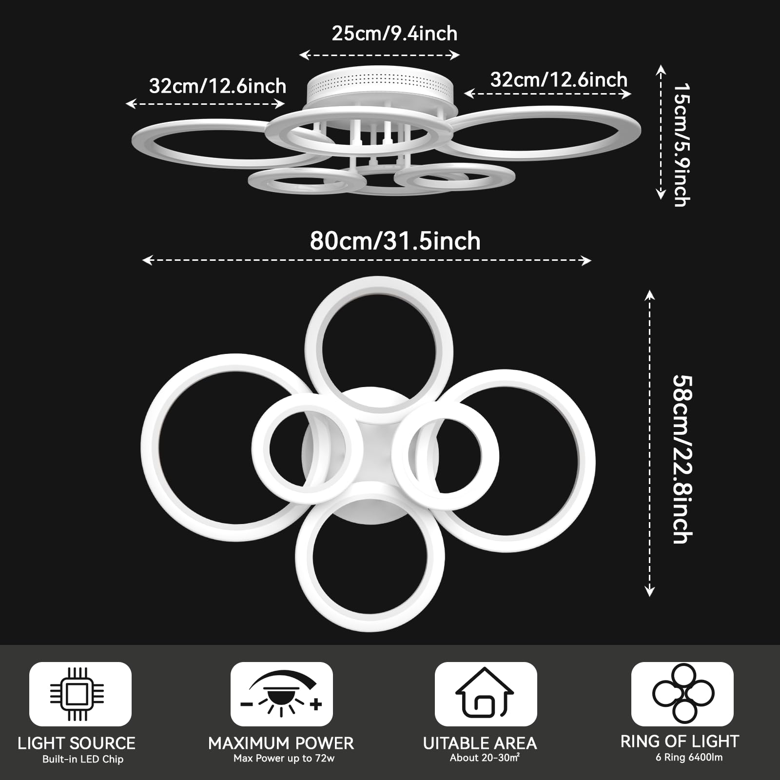 72W Wohnzimmerlampe mit Fernbedienung&App,Helligkeit Einstellbar,Φ80cm,6 Ring,Modern Deckenleuchte Wohnzimmer,2800k-7000k,6400lm,Led Deckenlampe fur Wohnzimmer Schlafzimmer Küche Flur,Superhell