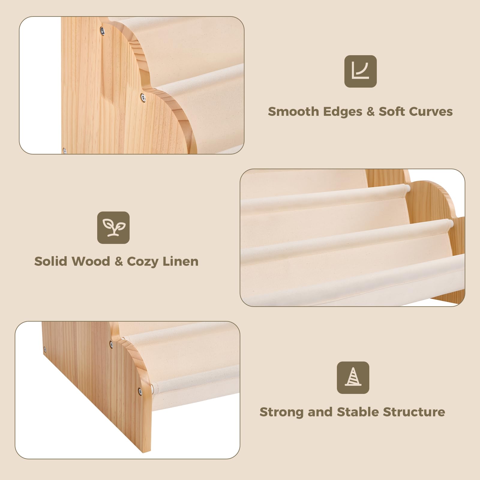 Puricon Libreria per bambini a 4 ripiani, Scaffale per libri per bambini piccoli con ripiani profondi e bordo ondulato, Libreria frontale a fascia per cameretta, asilo nido - Beige