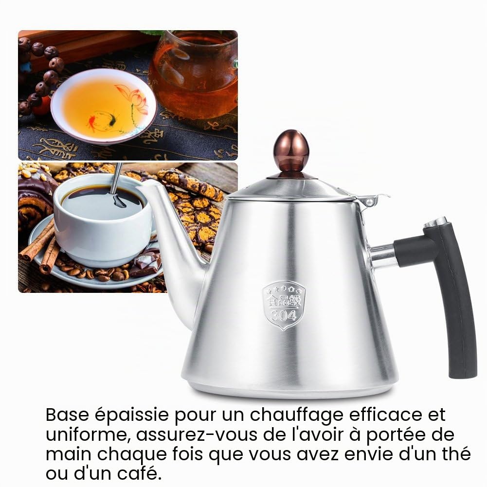 Théière, théière de 1,2 l de capacité en acier inoxydable cuisinière théière théière théière bouilloire résistante à la chaleur poignée en silicone à cuisson rapide (mat)