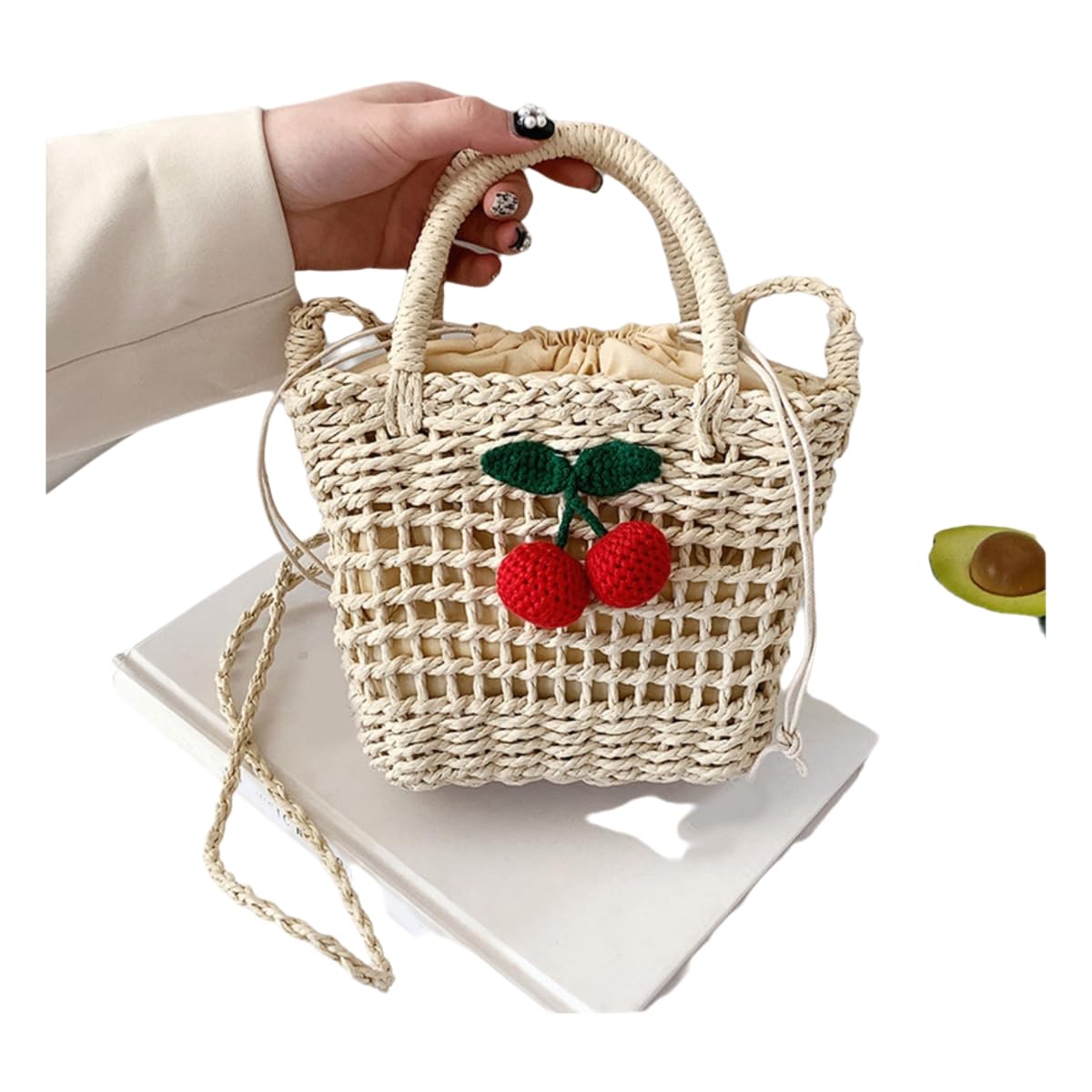 Borsa di Paglia Donna Crossbody Cesto Custodia E Rattan, Fatta A Mano, Spalla Spiaggia-Beige