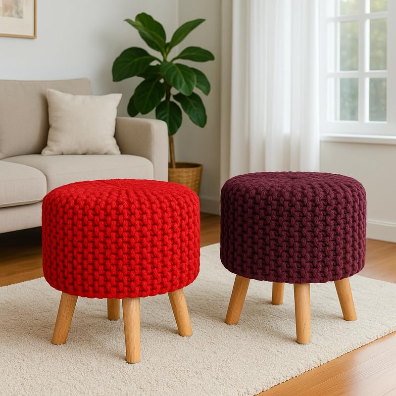 Image of Ottoman Foot Rest Puffy, Cotton Dori Ottoman for Home Decor, Solid Wood Legs Dressing Stool, Footstool Puffy for Living Room & Office Room | 16x17 Inch, Set of 2, Dori Red-Maroon