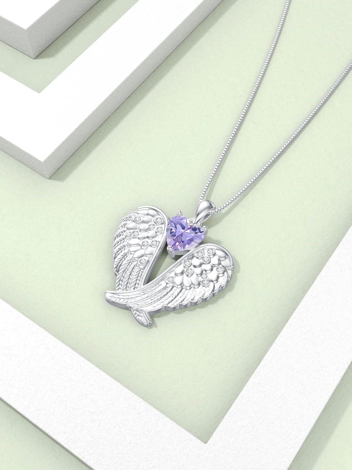 Birthstone Angel Wings Necklace for Women 925 Sterling Silver Guardian Angel Necklace Pendant Birthstone Jewelry Birthday Valentines Day Mothers Day Gifts for Women - Image 3