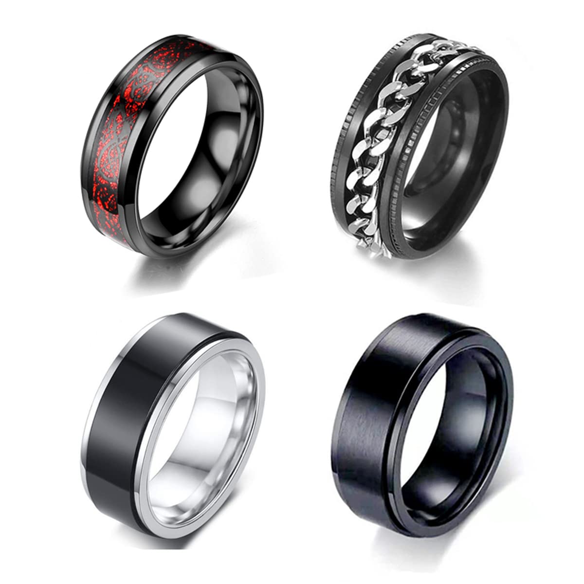 VELESAY 4 Piezas Negro Anillos Hombre Acero Inoxidable Vintage Cadena Anillos Celtas Giratorios Anillos para Hombres Mujeres Antiestres Anillos Hombre Negro Anillo Giratorio Hombre Anillos de Acero Mujer