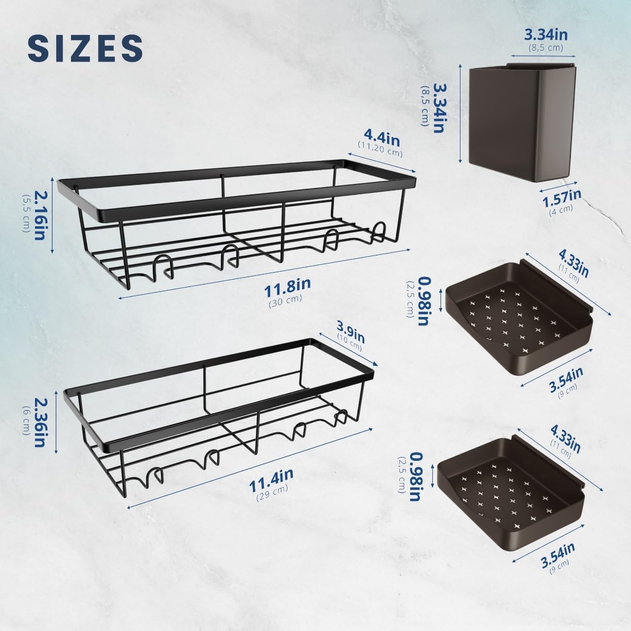 Sben Shower Caddy Adhesive, Rustproof Organizer, 5 Pack Rustproof Bathroom Shelves, Large Capacity No-Drill, Rack Storage Accessories with 2 Soap Dish, Toothbrush Holder and 8 Hooks Home Decor Black