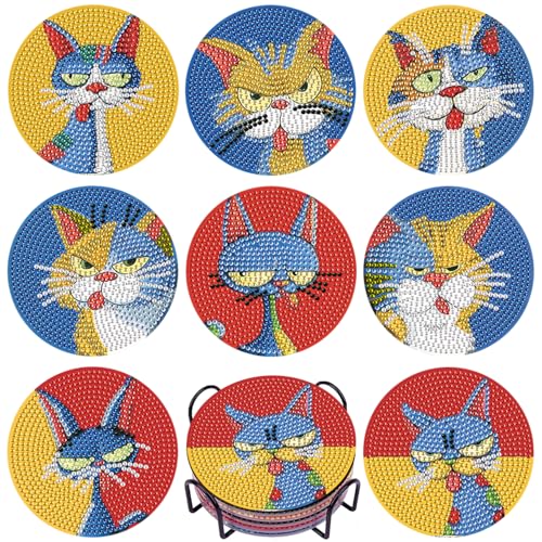 DOTSOPS 8 PCS Cat Diamond Art Coasters Kits for with Holder Beginners 4 in