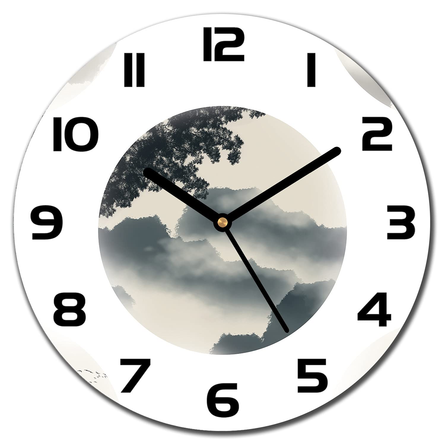 Horloge en verre haut de gamme à aiguilles noires et motif artistique mural zen