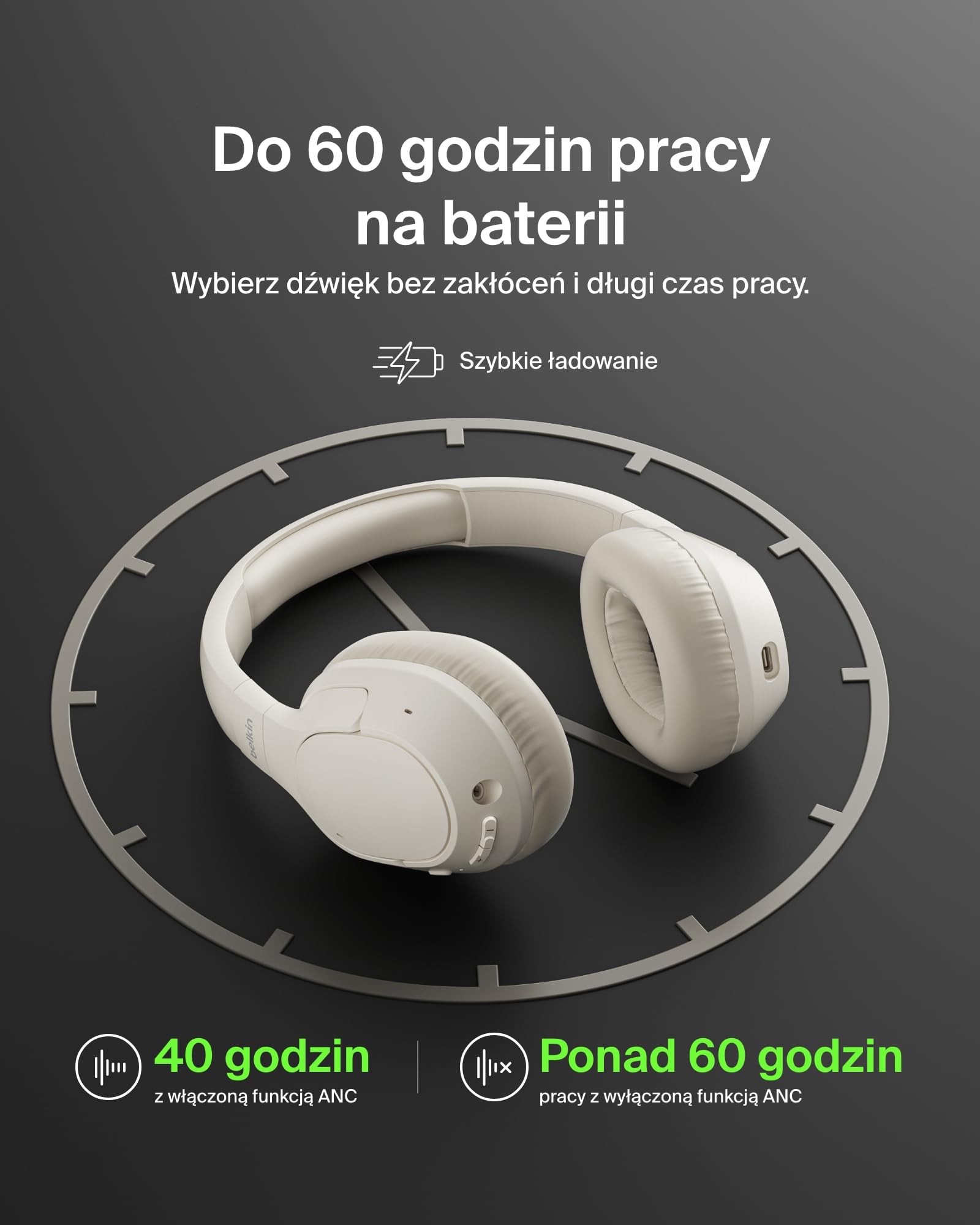 Belkin SoundForm Isolate Słuchawki Bezprzewodowe z Redukcją Hałasu, hybrydowe słuchawki Bluetooth, czas odtwarzania 60 godz., głębokie basy, nauszniki CloudCushion, do podróży, domu, biura – piaskowe