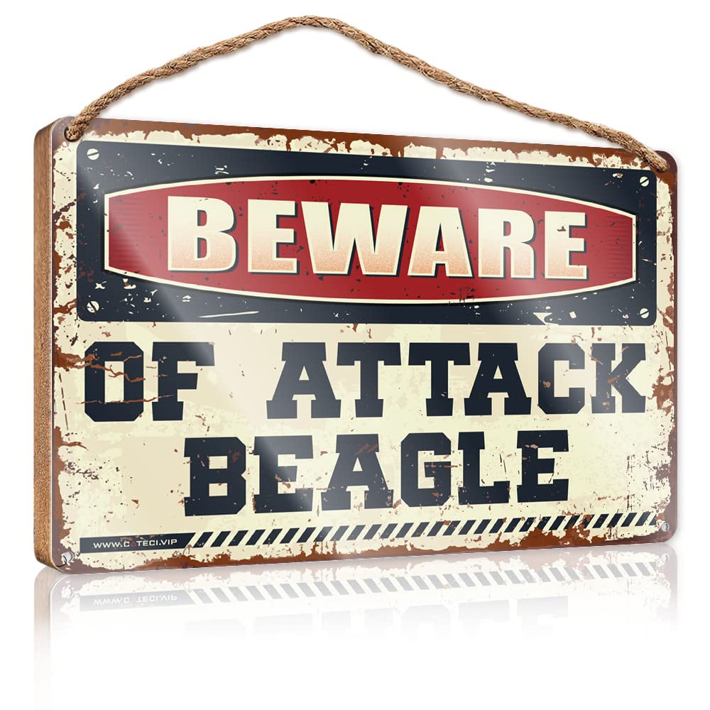Warning Tin Sign Beware Of Attack Beagle Wooden Sign Metal Signs For Bar Man Cave Signs For Men(23X35CM)