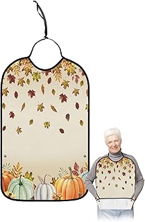 Fall Pumpkin Leaves Adult Bib for Eating with Crumb Catcher,Washable & Waterproof Terry Cloth Adjustable Elderly Women Men Adult Bibs Funny Clothing Protector Autumn Thanksgiving Sunflower Holiday