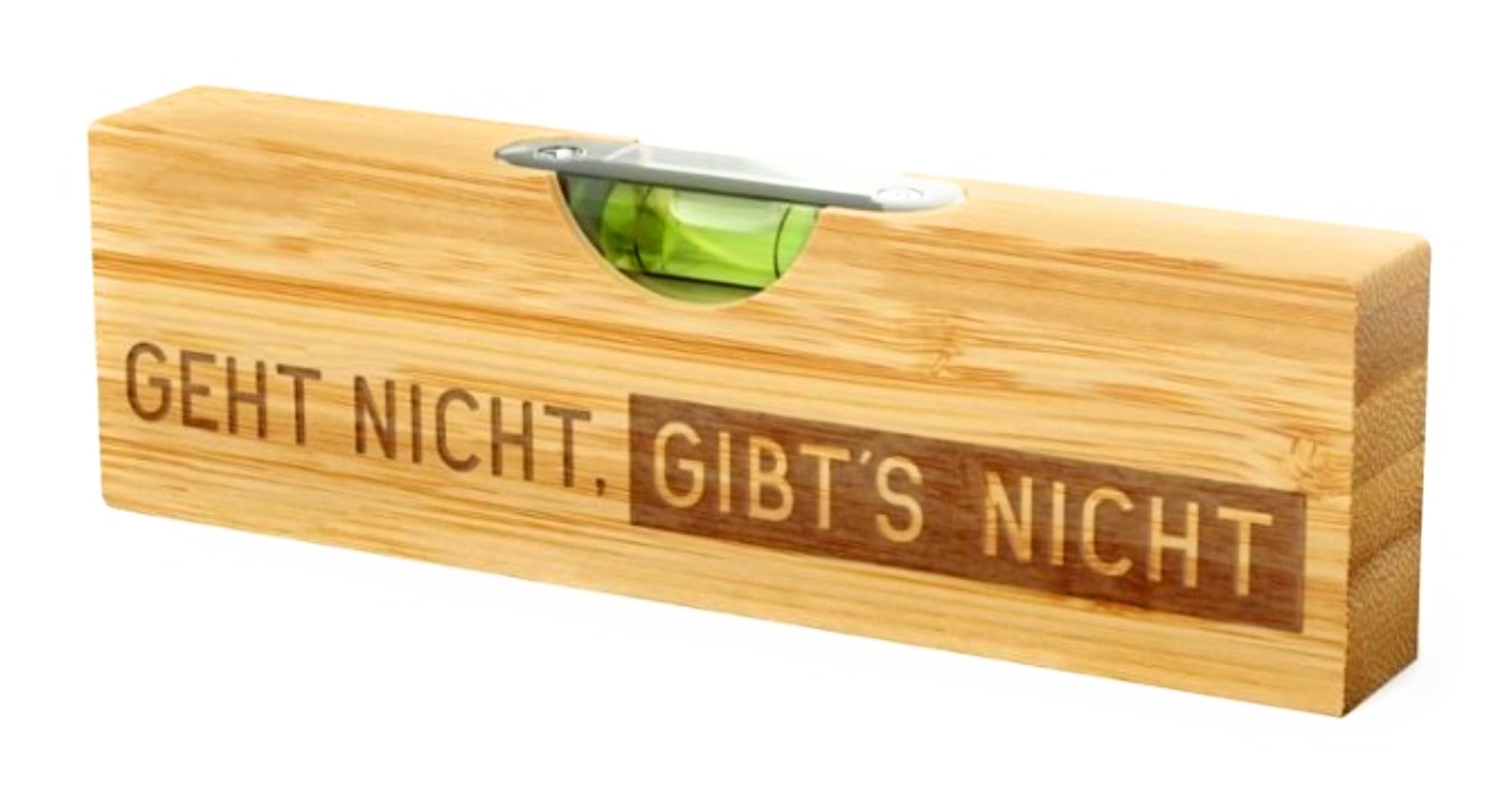 Dekorative Holzwasserwaage mit Flaschenöffner auf der Rückseite. Mit Gravur 'Geht nicht, gibt's nicht'.