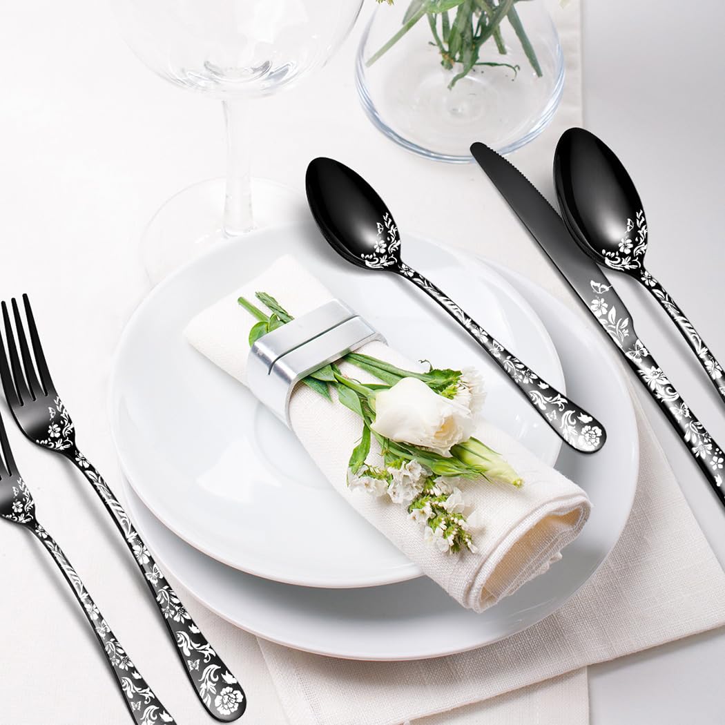 XIAOYU Juego de cubiertos negros de 40 piezas, de acero inoxidable apto para uso alimentario, para 8 personas, con diseño de mariposas y flores, ideal para restaurantes y hogar