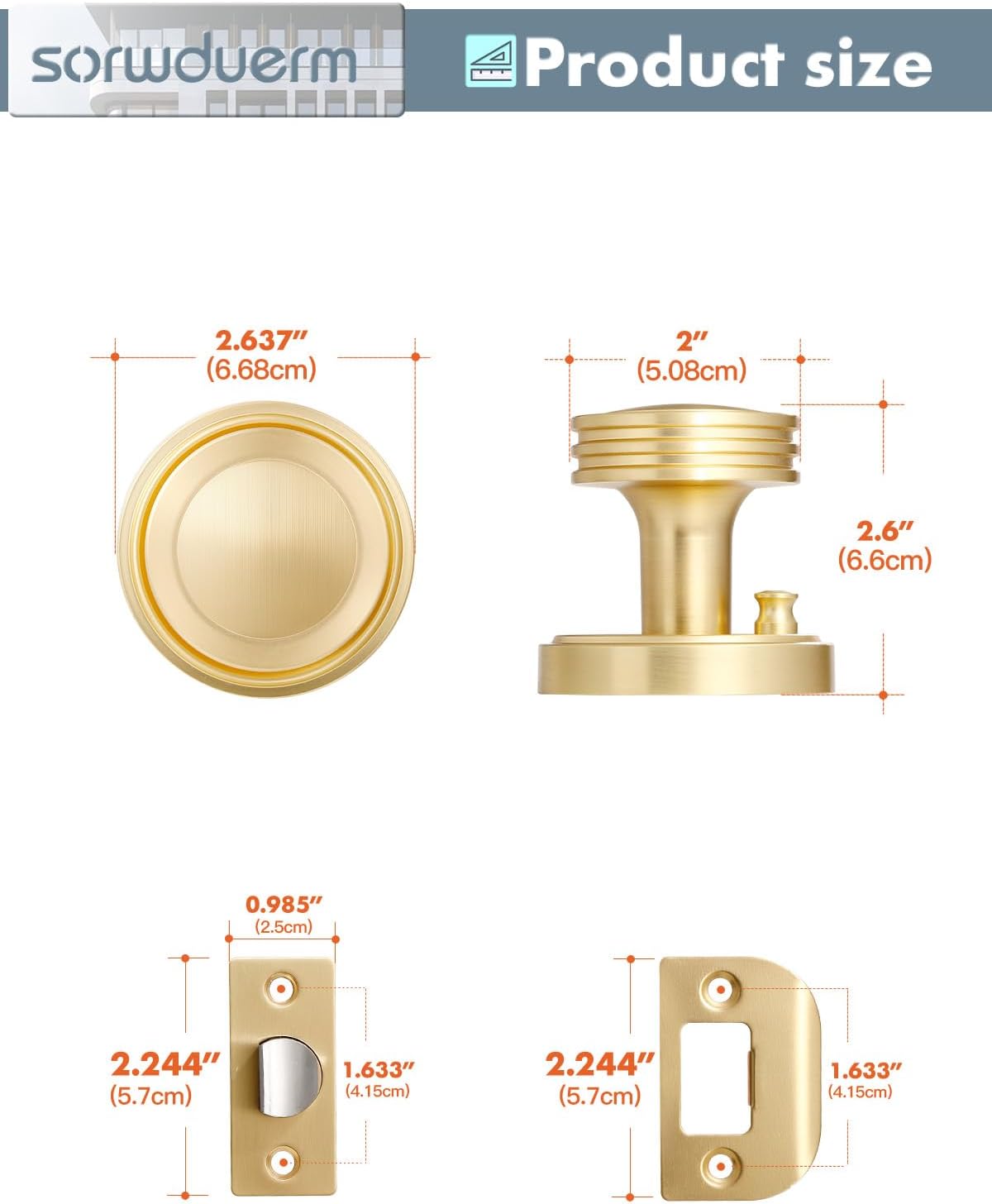 1 Pack Gold Door Knob Privacy Door Knobs Satin Brass Door Handle Interior Brushed Gold Door Knobs with Lock for Bedroom and Bathroom Zinc Alloy