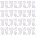 16PCS 8 Large Cheer Hair Bows Ponytail Holder Elastic Band Handmade for Cheerleading Teen Girls College Sports (White - Big Bows, 1 Count (Pack of 16))