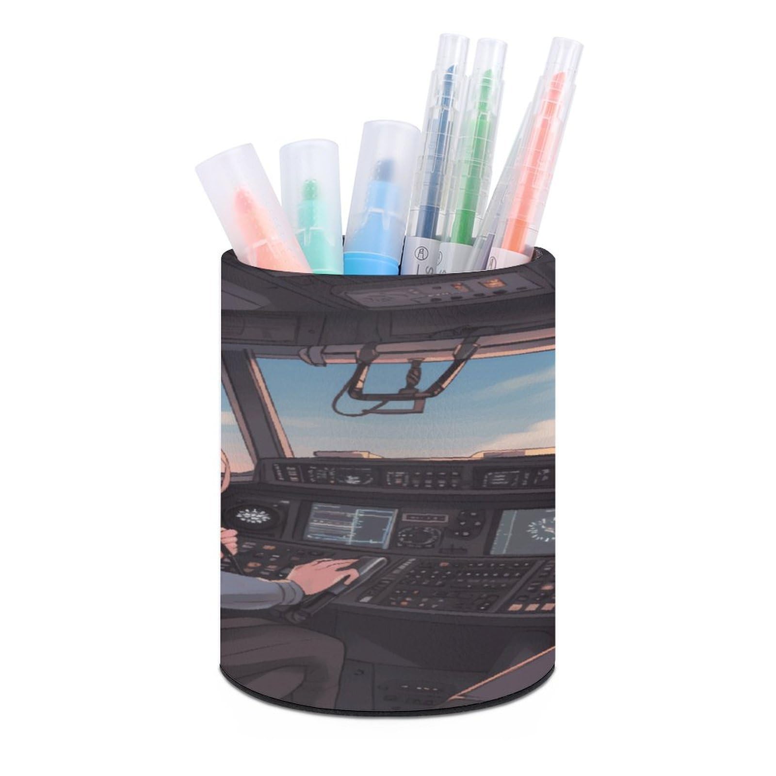 FekiLoot Airplane Cockpit Pen Holder Cup Fashion PU Leather Pencil Cup Minimalist Pen Organizer Round Pencil Holder Stand Work Locker Accessories for Decoration Desk Office Home