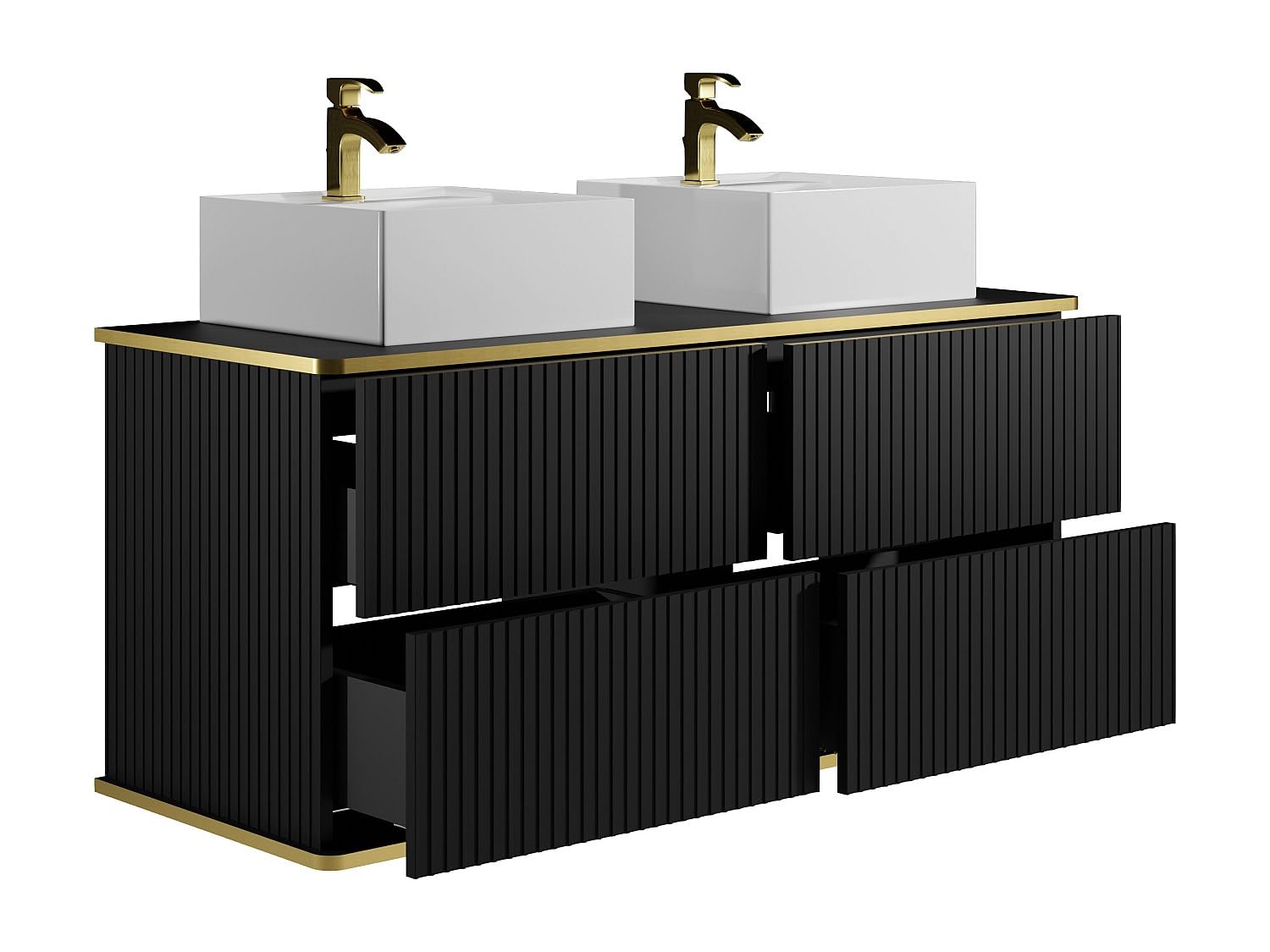 Vente-unique - Meuble de Salle de Bain Suspendu strié liseré doré avec Double Vasque à Poser carrée - Noir - 120 cm - KELIZA
