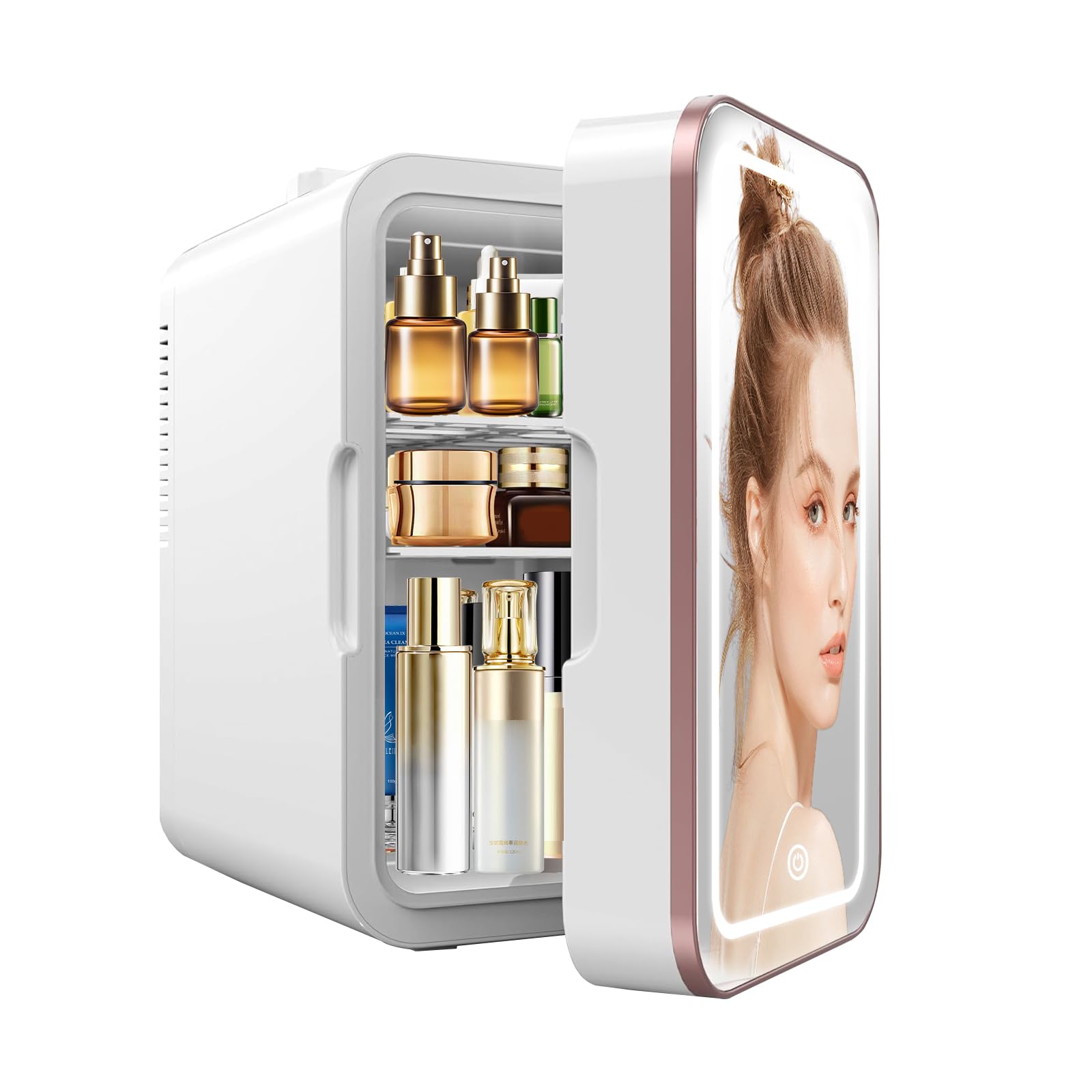 YLFU Skincare Fridge, 6L/10 Can Mini Fridge for Bedroom with Dimmable LED Mirror, Portable Cooler & Warmer Small Compact Refrigerator for Skincare, Cosmetics, Bedroom and Office, White