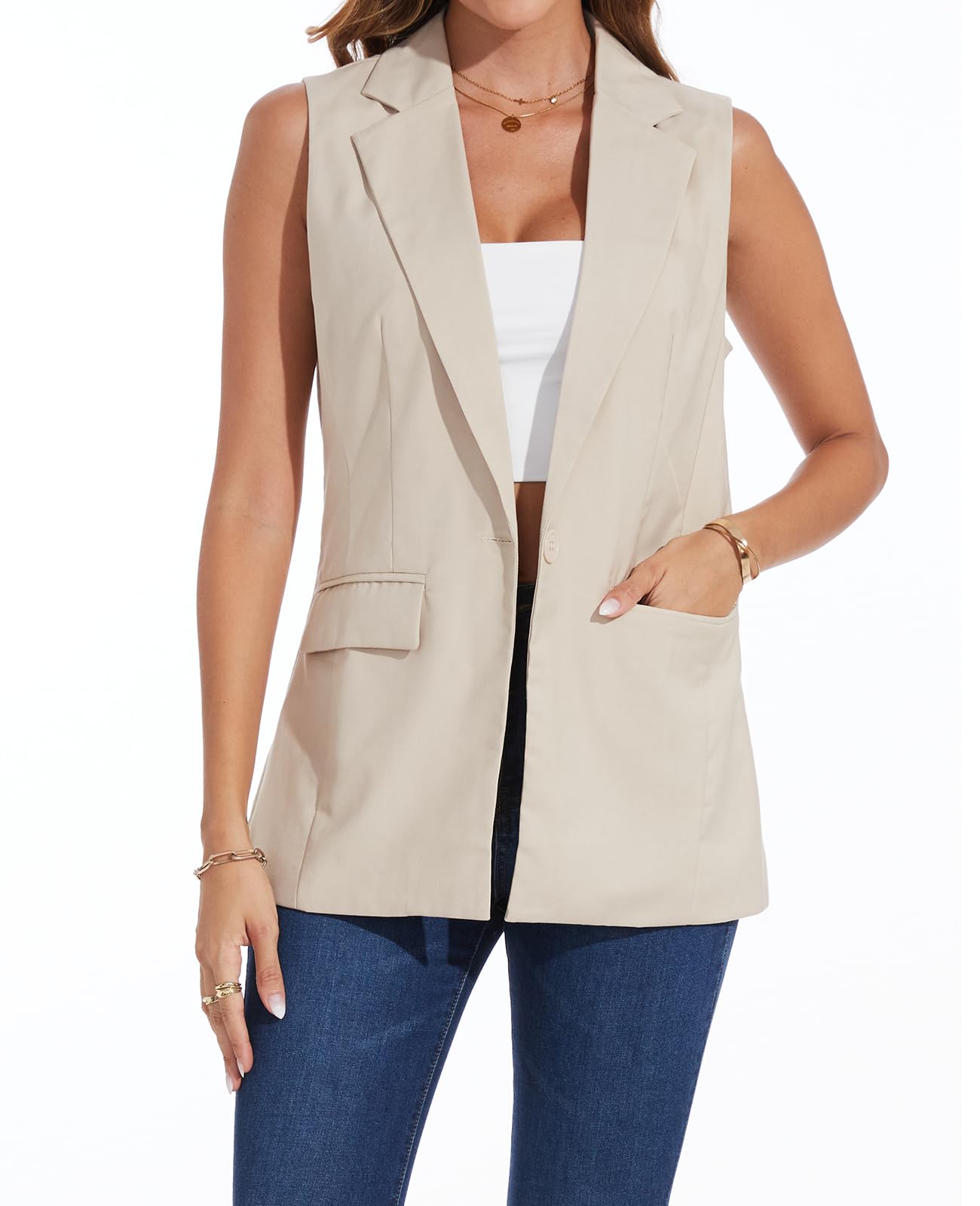 Damen Blazer Weste lang ärmellos gefüttert Ein-Knopf-Oberteil
