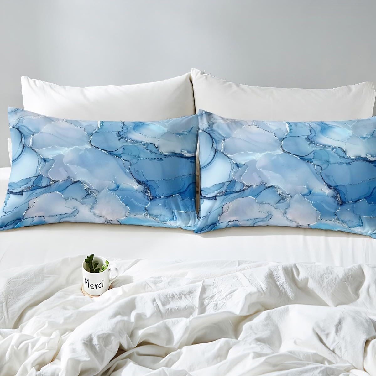 Erosebridal Dark Blue Marble Fitted Sheet Abstract Marbling Art Bedding Set Ink Rendering Bed Sheets Full Size for Adults Men Women,Grey White Marble Grain Bed Cover 2 Pillow Cases