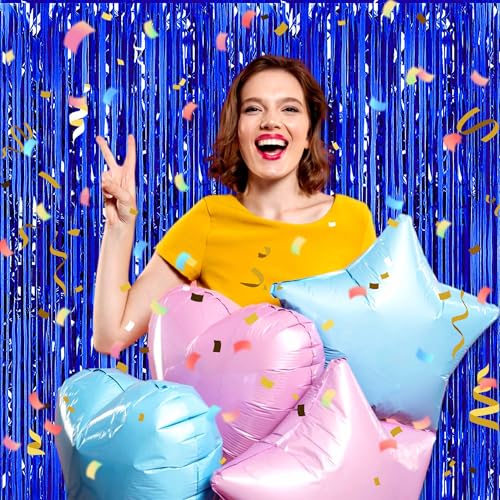 Image of 3 Pack Blue Foil Fringe Curtains Backdrop, 3.28 x 9.8 Ft Metallic Streamers Tinsel Curtains Background for Photo Booth, Birthday, Halloween, Christmas, Thanksgiving, New Year Party Decorations