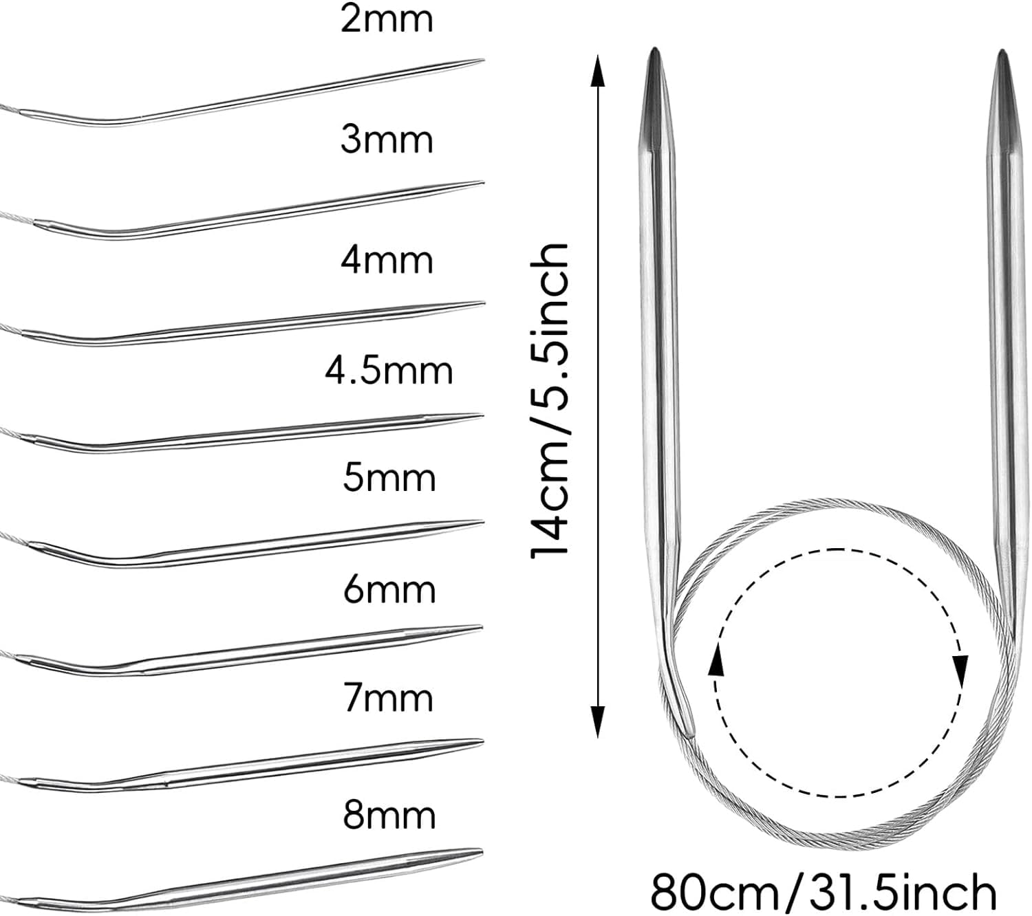 Aiguilles Circulaires Métal 2 Aiguilles à Tricoter Circulaires En Métal - 3 Mm X 80 Cm - Fixes - Pour Débutants Et Projets Textiles Tricot Circulaire