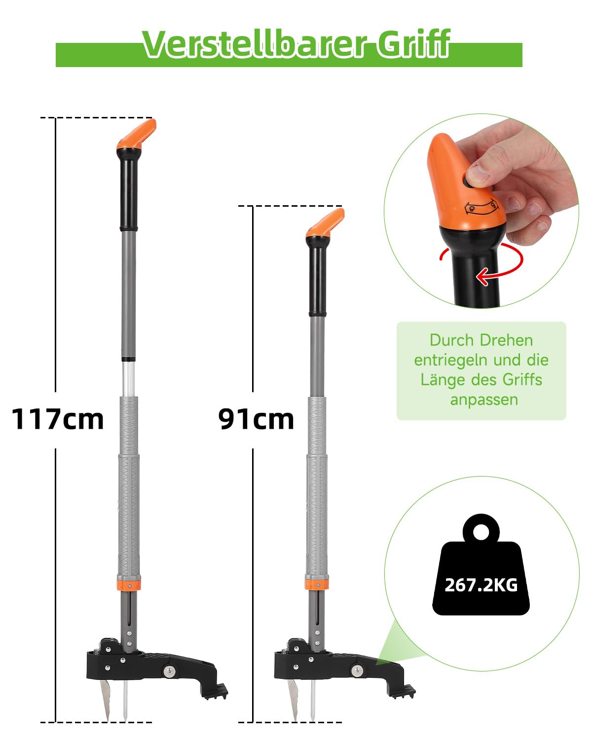 HAUSPROFI Unkrautstecher mit Stiel Teleskop (Länge 91 CM-117 cm) + 50L Gartensack, Unkrautausstecher mit 4 Edelstahl Krallen, Automatisches Zurückspungsdesign