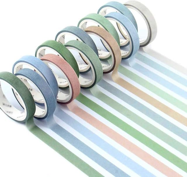 YUBX Skinny Washi Tape Set of 12 Rolls of Adhesive Decorative Washi Glitter Adhesive 8 mm Wide (Green Small)