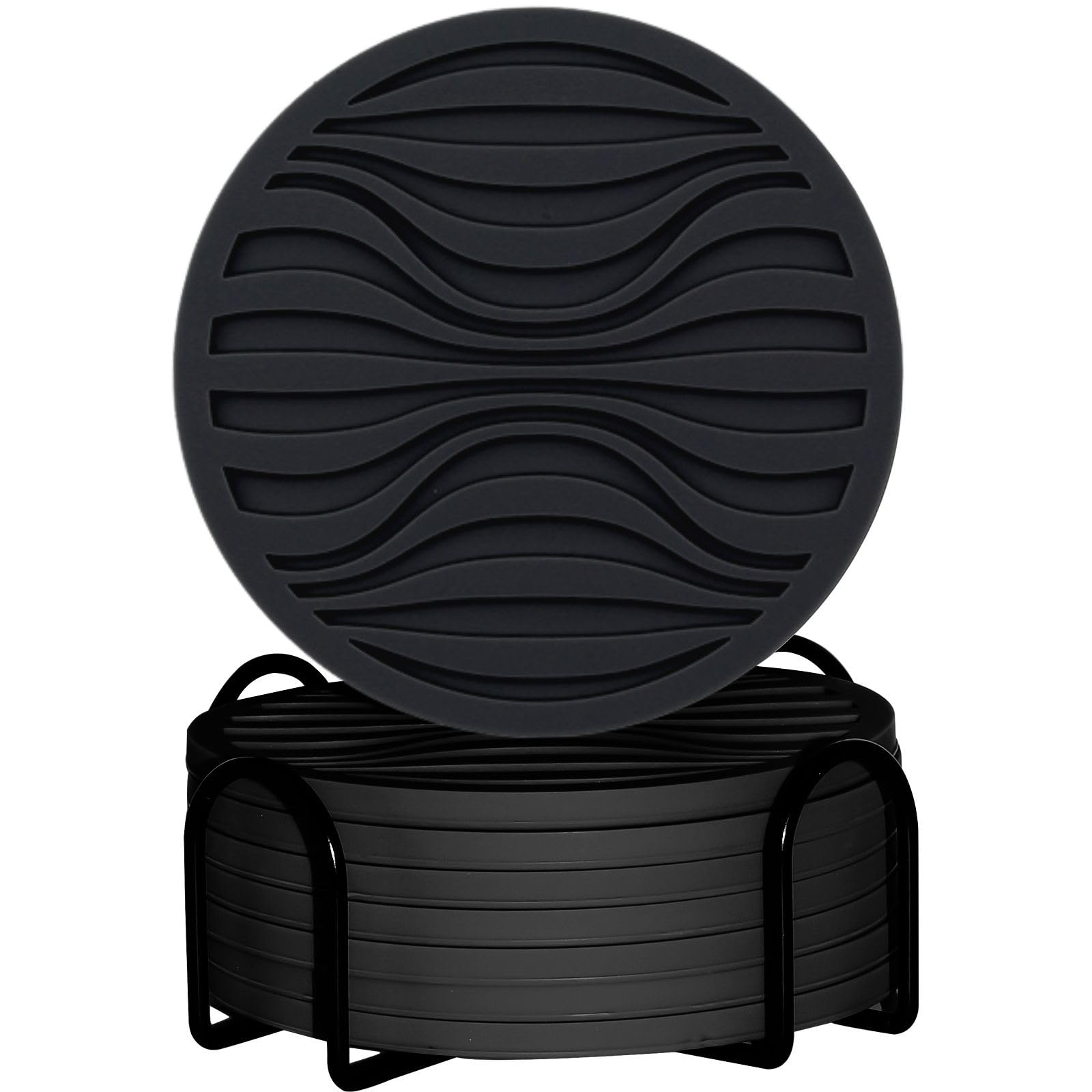 Coasters for Drinks 8pcs with Holder-Silicone Coasters for Tabletop Protection-Heat Resistant and Non Slip Thickened Coasters for Coffee Table (Black)