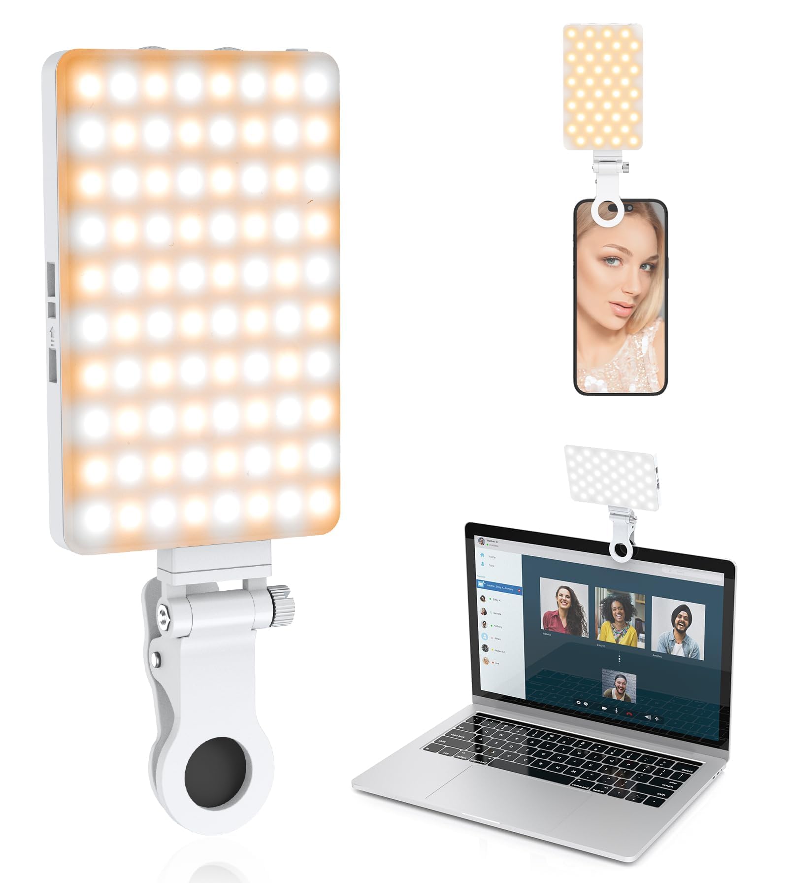 TERRIFI 80 LED Portable Selfie Light, 3 Light Modes 2000mAh Video Fill Light, with Front & Back Clip, for Phone, iPhone, Android, iPad, Laptop, for Makeup, Selfie, Vlog, Video Conference (White)
