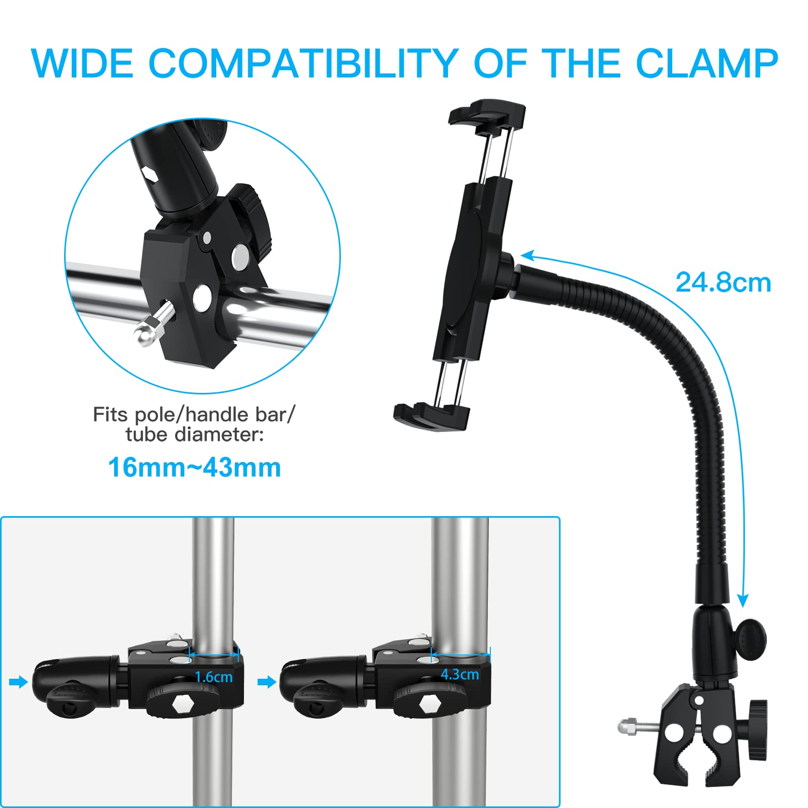 Support Tablette Pour Barre De Bateau, Aozcu Support Tablette Guidon Barres, Pied De Micro, Vélo Training, Porte Tablette Montage à Pince Pour Samsung Galaxy Tab A8 A7, 2022 IPad 10,9, 4~13" Tablettes