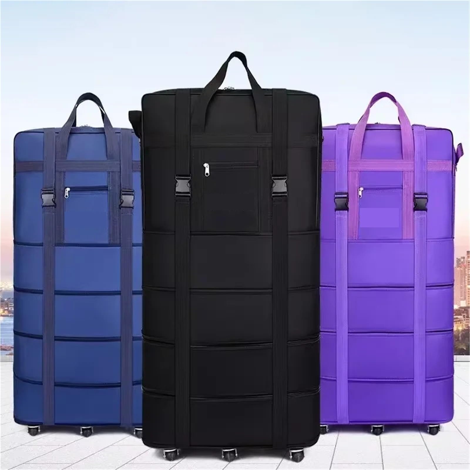 Borsa da stiva for compagnia aerea di grande capacità Cubi imballaggio rotolanti Ruota universale in movimento viaggio pieghevole for deposito bagagli Oxford Per Sport Fitness(Black 95X48X28)