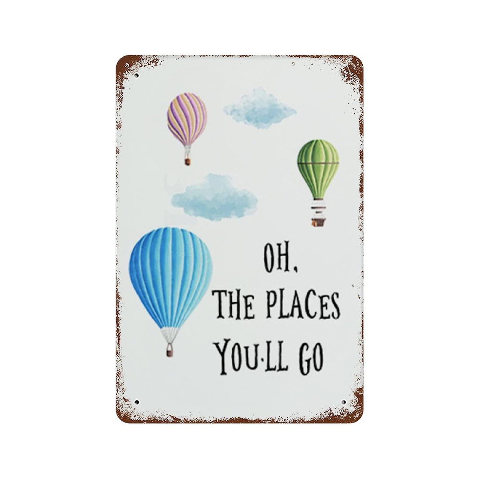 Graman Vintage Wall Decor Iron Painting Vertical Plate Oh The Places You'll Go, Playroom Art,Watercolor Hot Air Baloon, Retro Tin Signs Vintage Metal