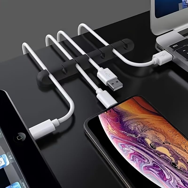 Silicone Cable Organizer Self Adhesive Desktop Clips Low Profile Multiple Slots for Mobile Charging Earphones Mouse Wires, White, Set of 5 pieces