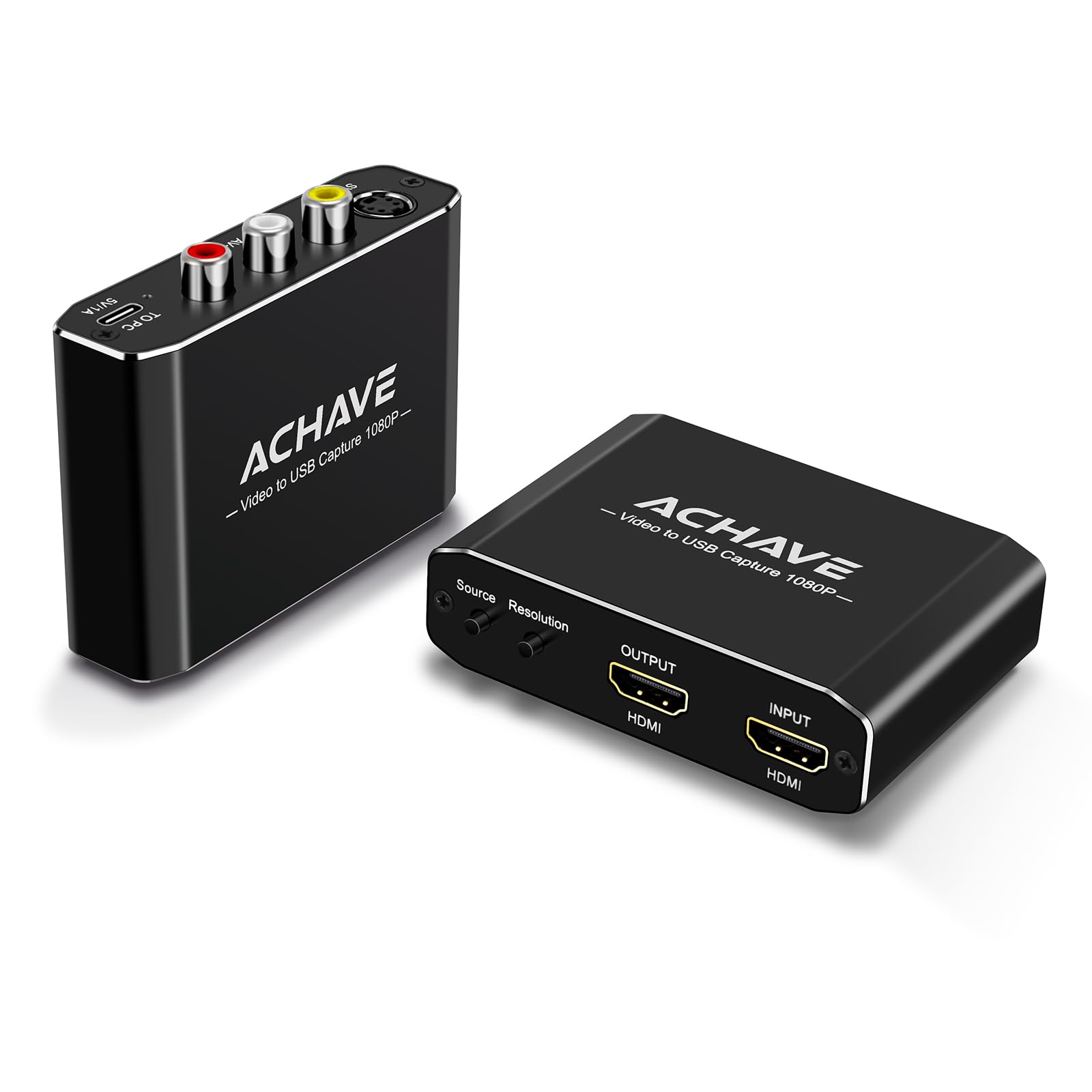 ACHAVE Video-auf-USB-Audio-Videoaufnahme- und Live-Streaming-Gerät mit HDMI-Ausgang – Eingang HDMI, AV, RCA, S-Video, VCR, VHS, Camcorder, Video8, Hi8, DVD, Gaming-Systeme – USB-C Plug & Play