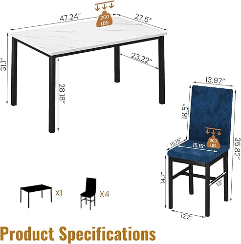 Miniatura 7 de DKLGG Juego de 4 mesas de comedor para 4 mesas y sillas de cocina, juego de 4 mesas de comedor de mármol sintético, mesa de comedor con 4 sillas de