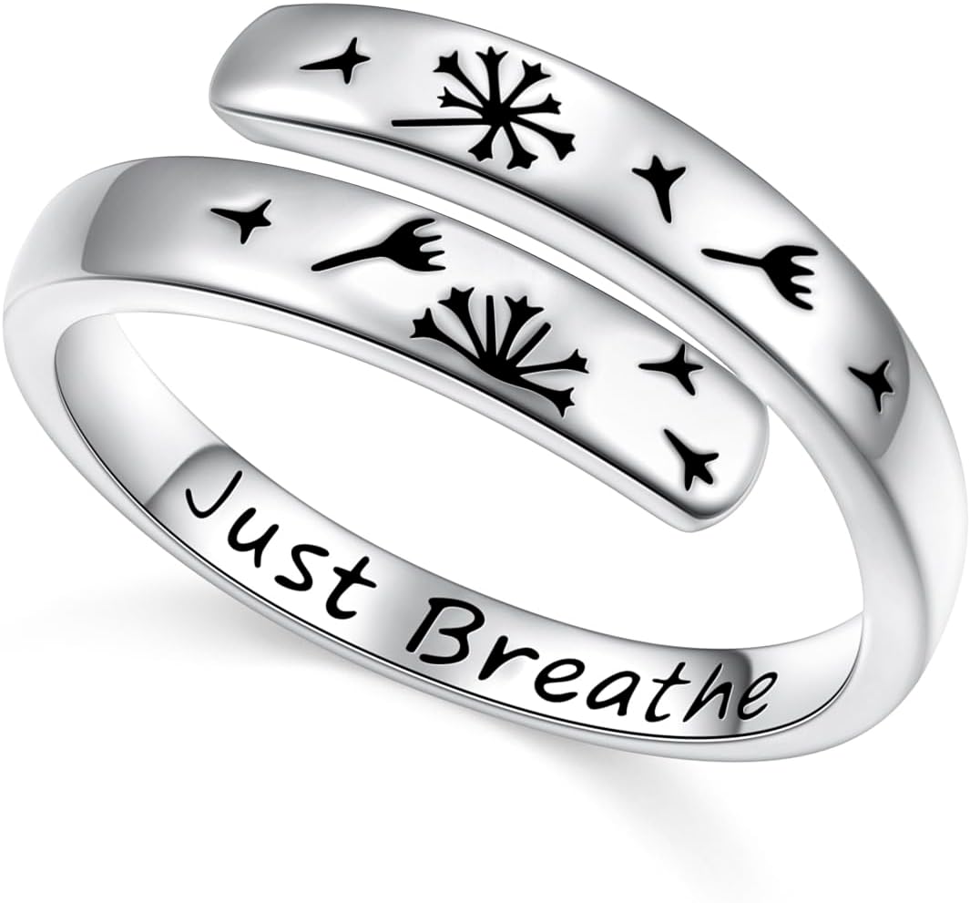 FLYOW Adjustable Dandelion Inspirational Rings 925 Sterling Silver Spiral Wrap Twist Engraved Just Breathe Ring Encouragement Jewelry for Women