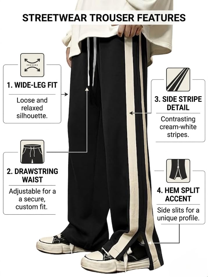 Image of GRECIILOOKS Men's Wide Leg Track Pants with Contrast Side Panel, Relaxed Drawstring Fit Streetwear Trousers, Poly Blend Casual Joggers