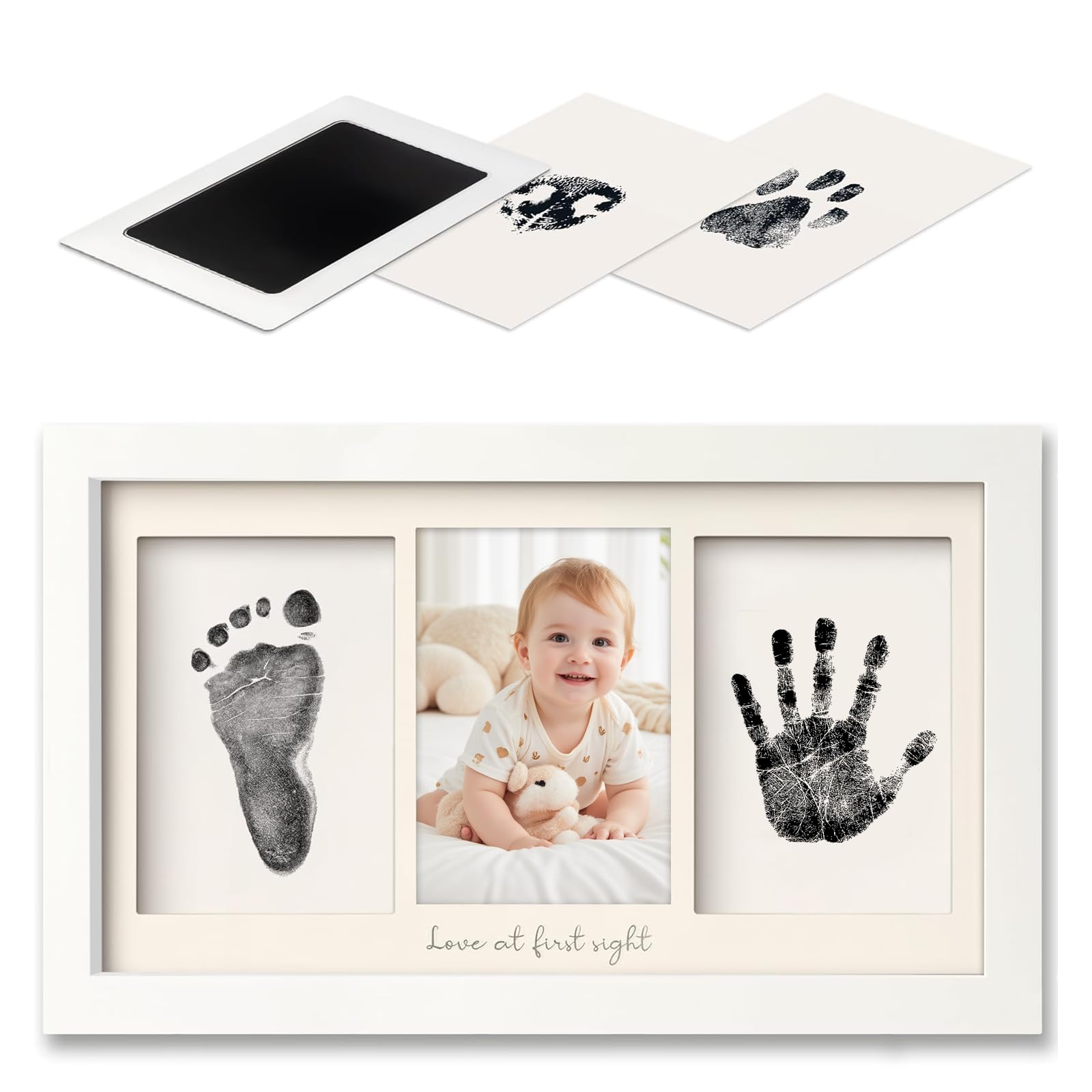 PANYI Empreinte Main Pied Bebe Cadre Empreinte Bébé Souvenir Bebe Comprend 1 Tampon Encreur et 3 Cartes Tampon avec Instructions Convient aux Nouveau-nés, Baptêmes, Fêtes Prénatales
