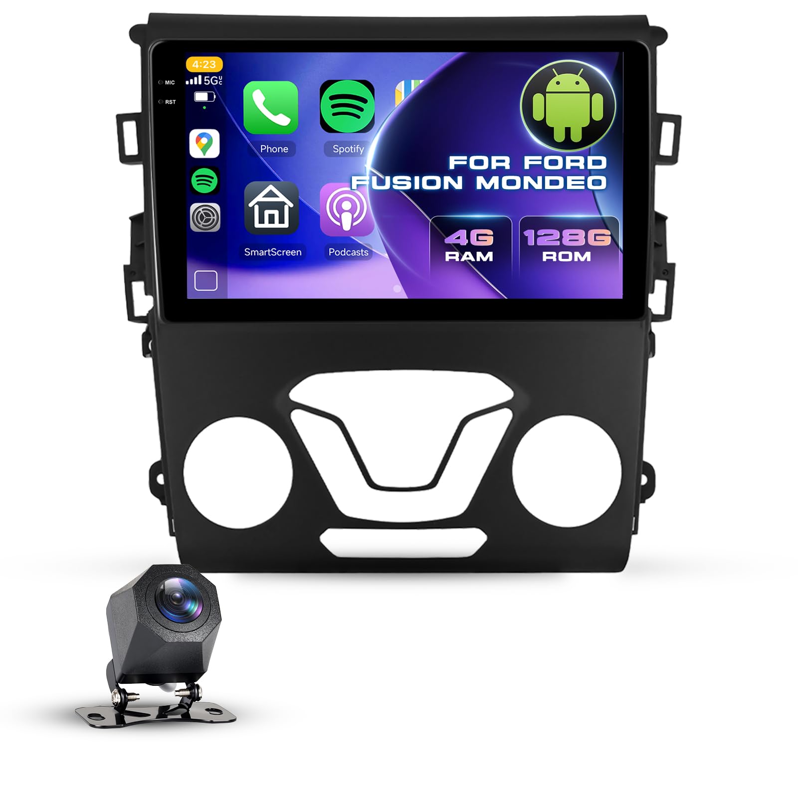 4G+ 128G Car Radio for Ford Fusion Mondeo 2013-2019, Driauto 9 Inch Double Din Car Stereo with Wireless Carplay and Android Auto Mirror Link, Bluetooth WiFi GPS Navi SWC Backup Camera EQ FM/RDS