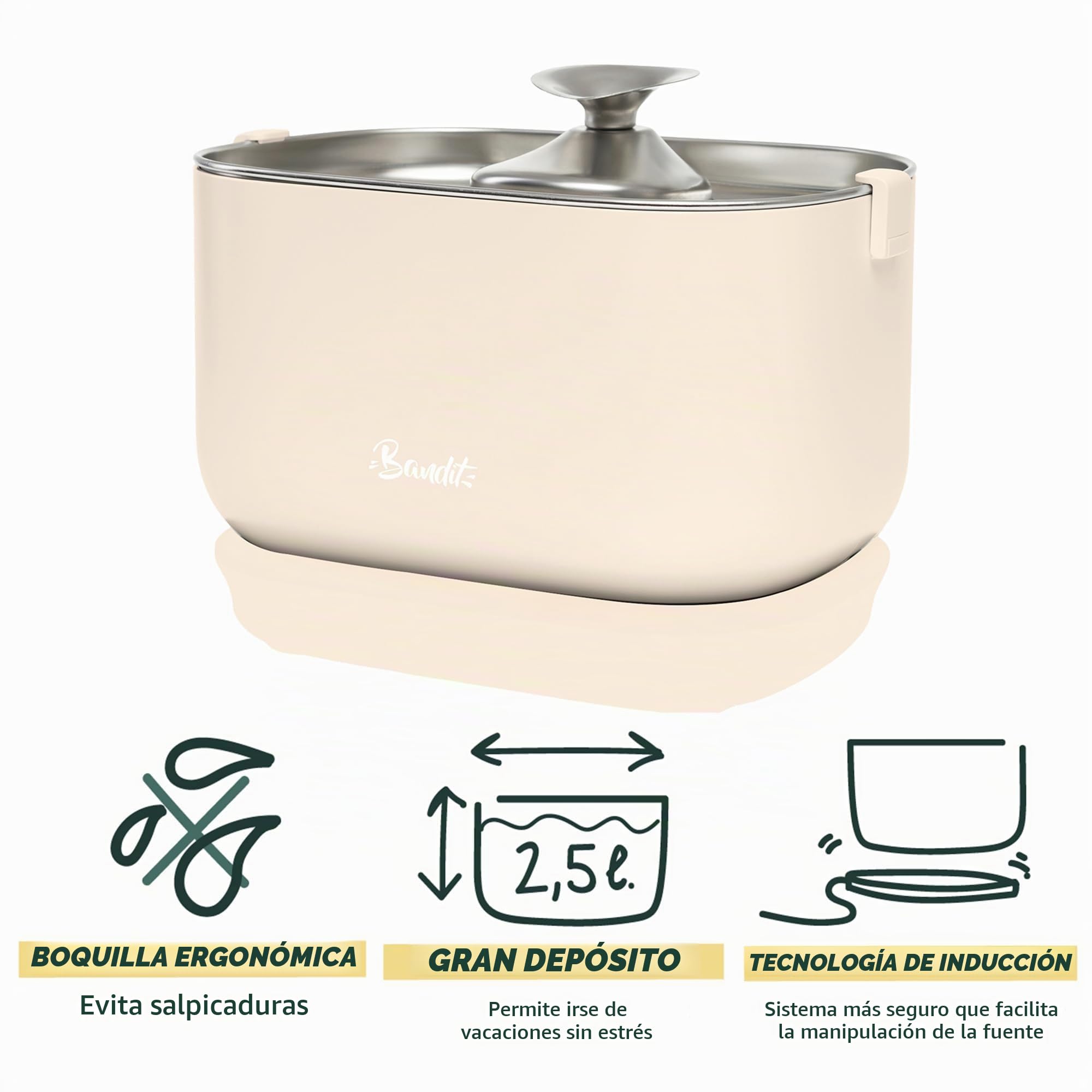 Bandit – Fuente de agua con cable para gatos 2,5 L, filtración de 4 etapas, ultra silenciosa inferior 30 dB, acero inoxidable, bandeja y boquilla para lavavajillas, color crema