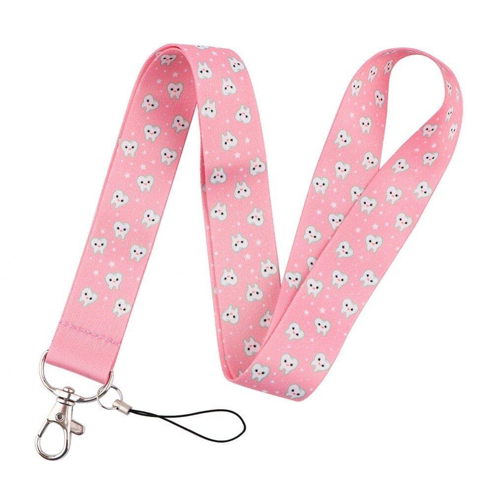 Lpitoy Women's Pink Lanyard For Id Badges, Cute Dentist Tooth Pattern Neck Lanyard Keychain Holder Id Badge Mobile Phone Neck Strap