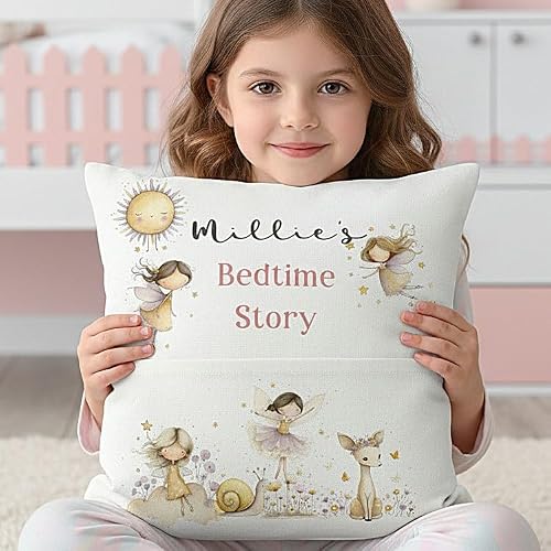 Image of Personalised Golden Woodland Fairies Kids Reading Pillow, Soft Nursery Pocket Cushion, Dancing Fairy Book Holder Pocket, Bedtime Stories Birthday gift