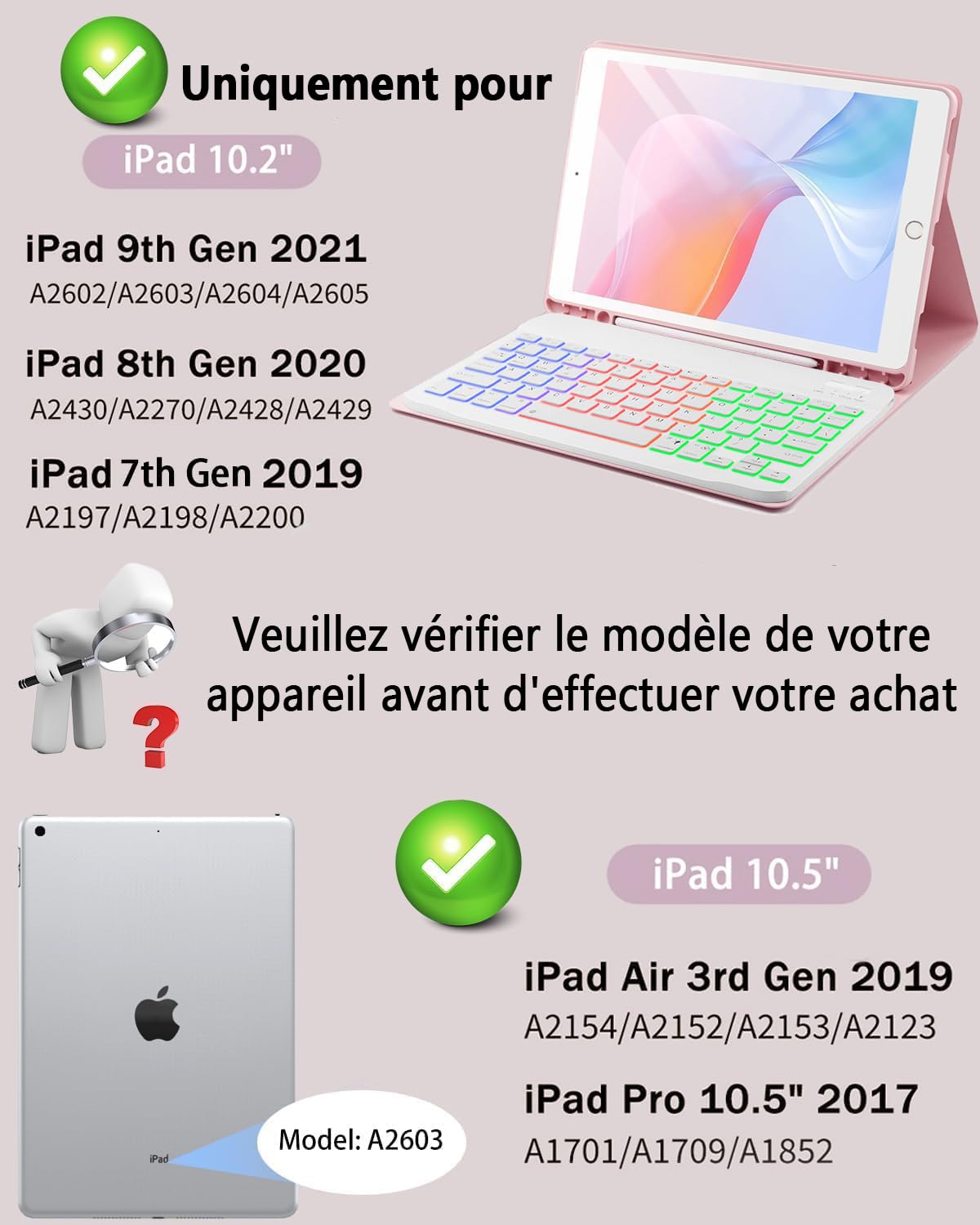 pour iPad 9ème/8ème/7ème Generation(9e/2021 8e/2020 7e/2019)10.2 Pouces/iPad Air 3ème/IPad Pro 10.5 Pouces Coque Étui avec Bluetooth Français(AZERTY)Clavier Rétroéclairé Souris Backlight Keyboard Case