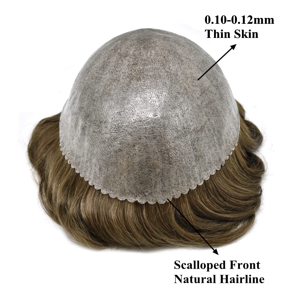 Toupee for Men Hairpiece Mens Replacement System Male Prosthesis Full Poly Thin Skin Human Hair Piece for Men 8X10" Injected PU Durable Skin Mens Wig Units (8X10", 7# Very Light Brown)