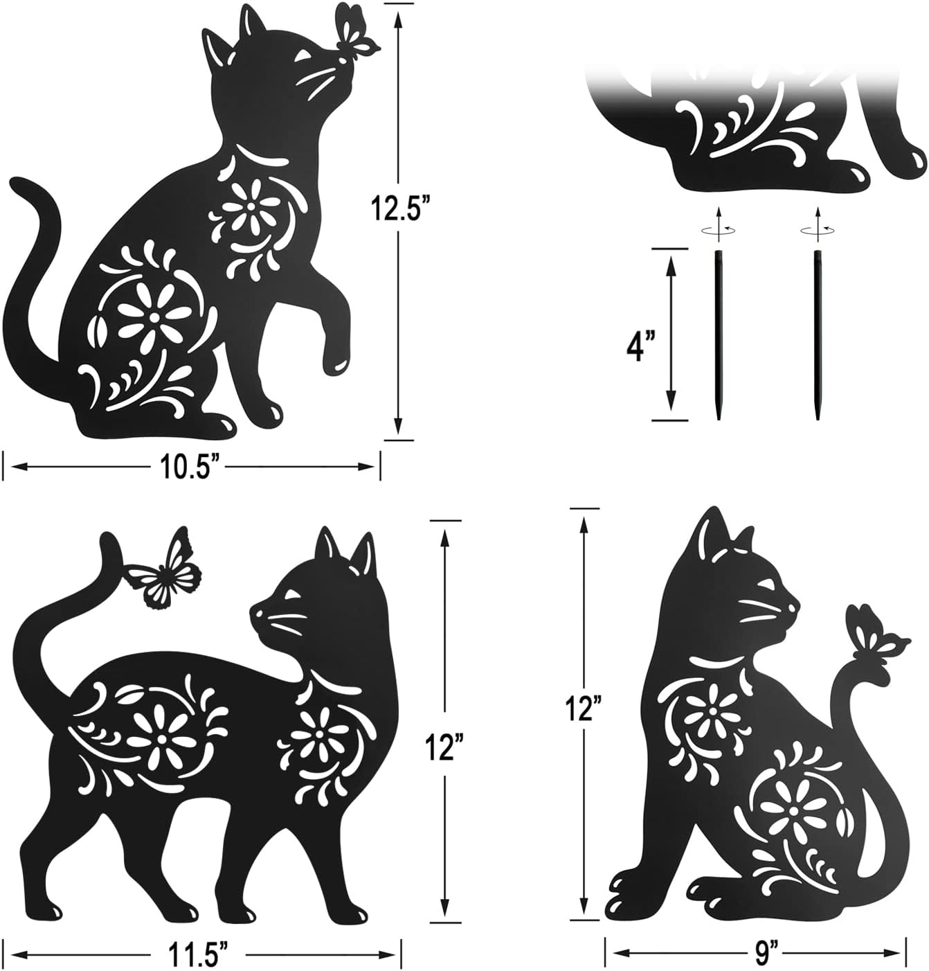 Black Metal Cat Silhouette Garden Stakes Set of 3